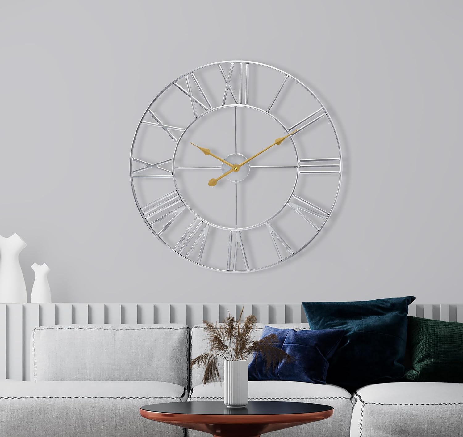 Sorbus Large Wall Clock for Living Room Decor, (40CM) 16 Inch Wall Clock Decorative, Metal Analog Roman Numeral Wall Clock Modern Wall Clocks - Large Clock Home Decor (Silver)