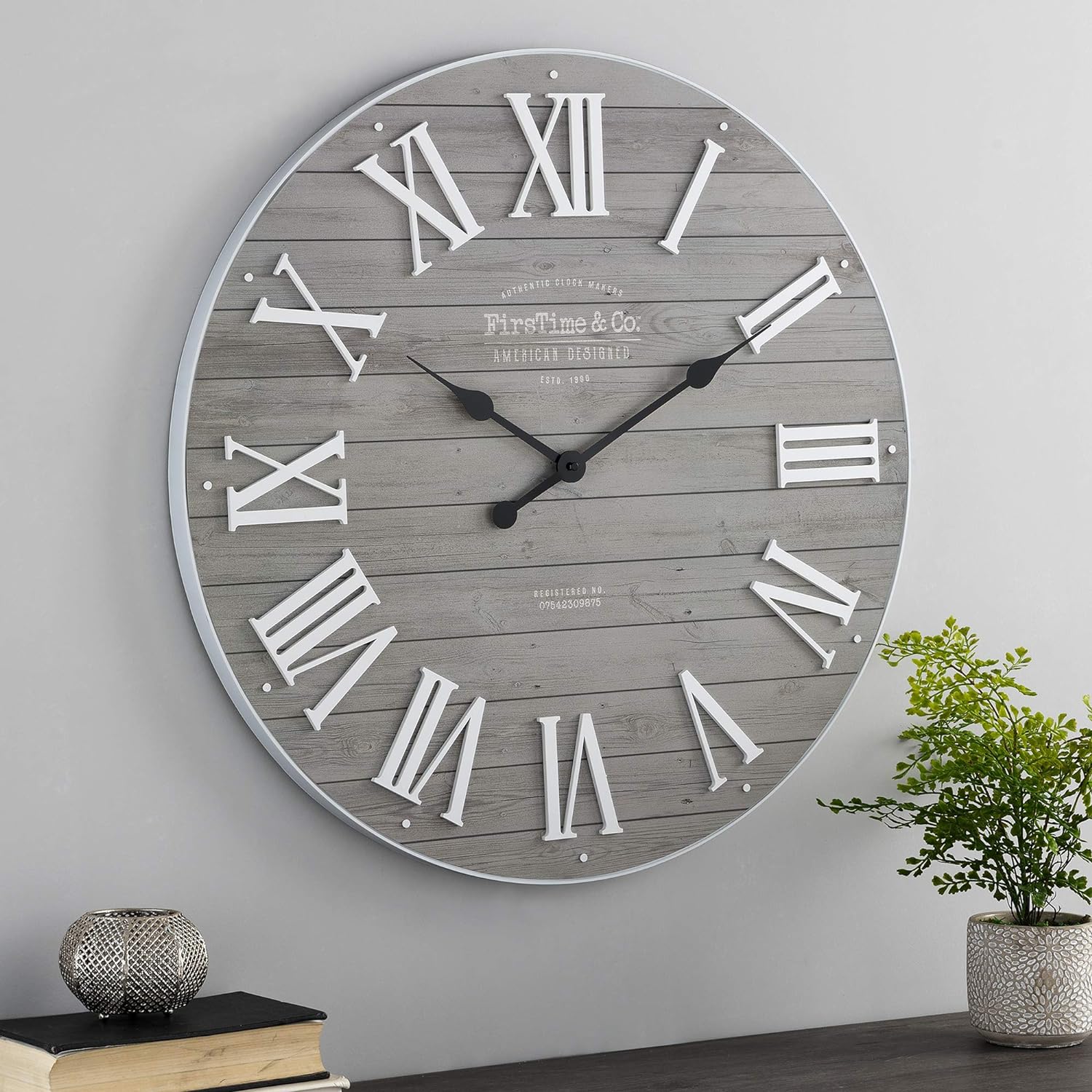 FirsTime & Co. Gray Emmett Shiplap Wall Clock, Large Vintage Decor for Living Room, Home Office, Round, Plastic, Farmhouse, 27 inches