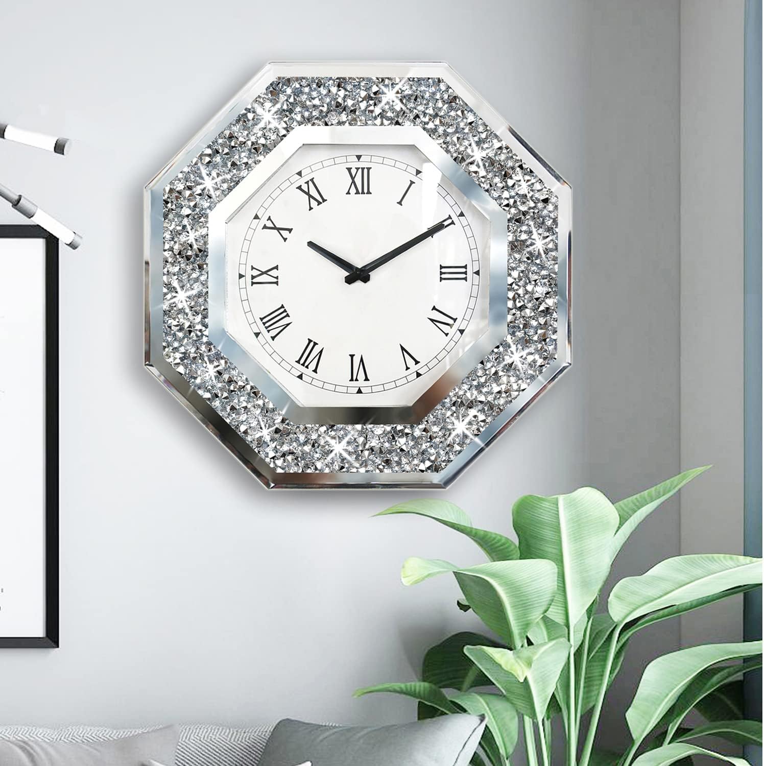 Wall Clock, Octagon Mirror Glass Clock, Cute Diamond 20-inch Non-Ticking Clock for Wall Dcor, Perfect Home Decor for Bedroom, Bathroom Motif, Dining Room(Excluding Batteries.)