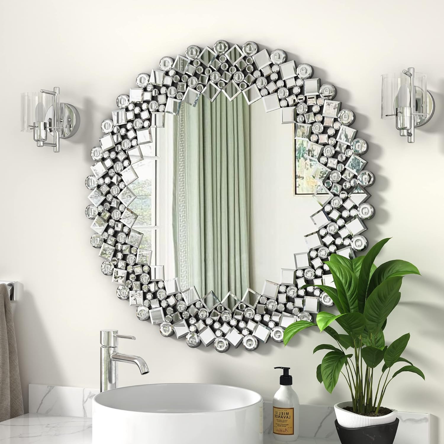 MUAUSU Round Decorative Wall Mirror - Gorgeous Luxury Mirrors for Bedroom Livingroom Hallway 31.5'' x31.5''