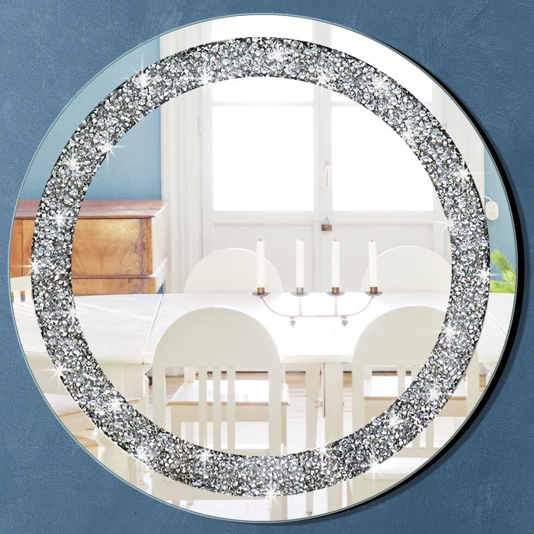 QMDECOR Round Wall Mirror for Home Decoration in Crystal Crush Diamond Silver 24x24x1 inch Wall Hang Frameless Mirror Glass Diamond Dcor.