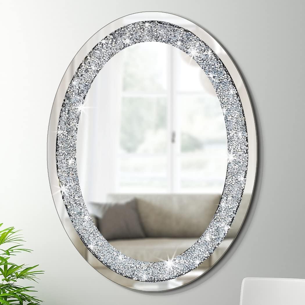 DMDFIRST Crystal Crushed Diamond Oval Shaped Silver Mirror Glam Bling for Wall Decoration 24x32x0.9inch Frameless Wall Hang Sparkly Glass Mirror Stunning Stylish Fashion Home Decor Decorative Mirror