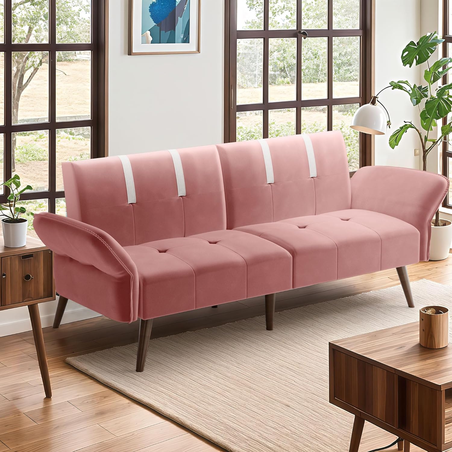 Shintenchi Futon Sofa Bed Modern Folding Sleeper Couch Bed for Living Room,Velvet Loveseat Sofa Couch Sofa cama for Apartments Office Small Spaces,w/Adjustable Armrests Backrest,Pink