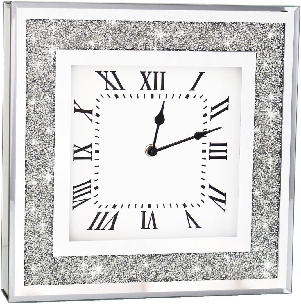 Crystal Crush Diamond Mirrored Square Wall Clock with Sparkle Twinkle Bling Diamond Decor for Wall Decoration, 16x16 inch Decorative Silver Mirror Quartz Clock for Home Decor. AA Battery not included