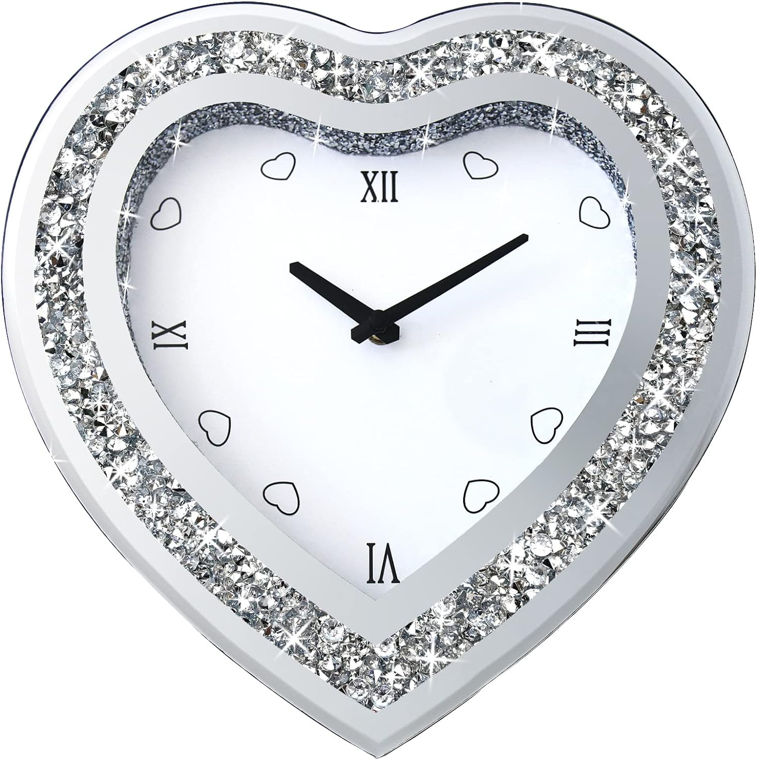 Wall Clock, Heart-Shaped Mirror Wall Clock, Cute Diamond 12-inch Non-Ticking Clock for Wall Dcor, Perfect Home Decor for Bedroom, Dining Room(Excluding Batteries.)