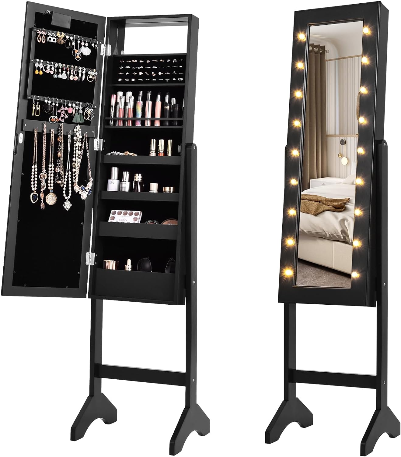 LOKO Jewelry Armoire with 18 LED Lights, Freestanding Jewelry Organizer with Full-length Mirror, Large Storage Mirrored Jewelry Cabinet with 16 Lipstick Holders, for Bedroom, Dressing Room (Black)