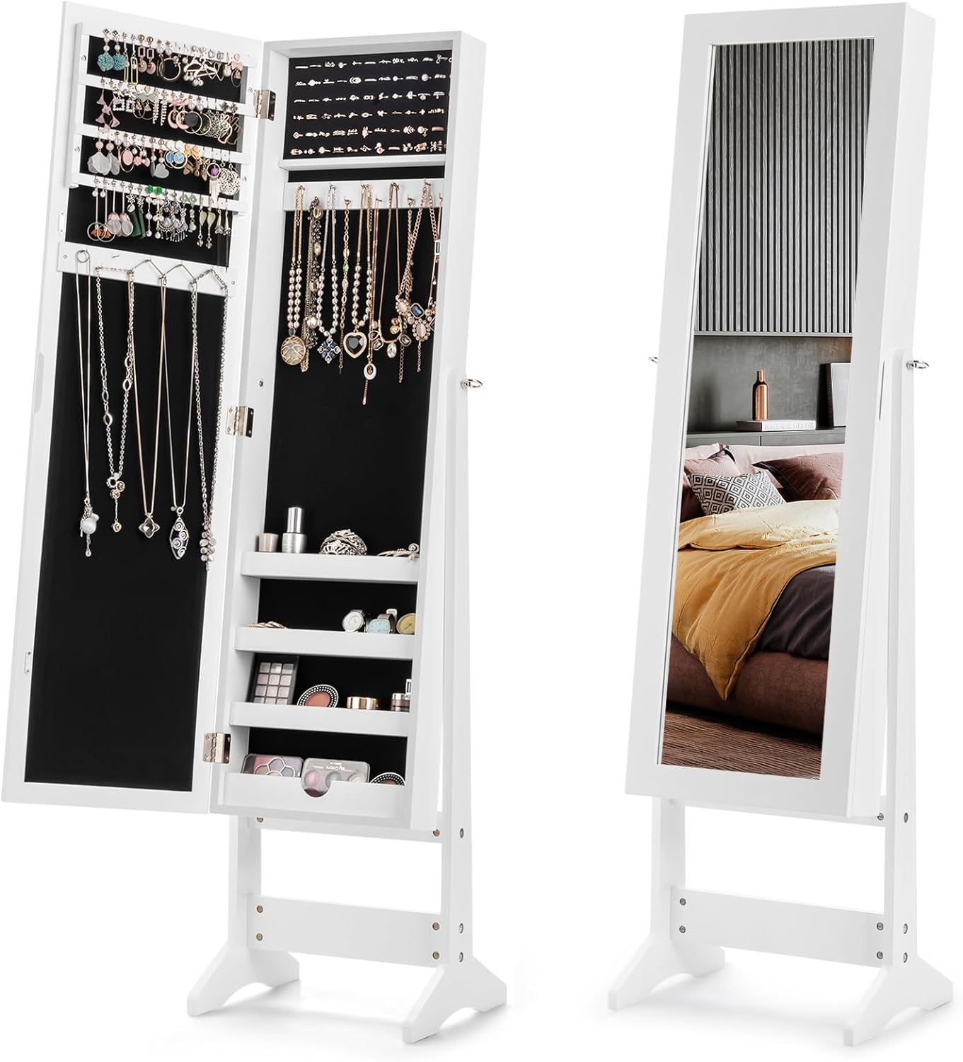 LOKO Freestanding Jewelry Armoire Cabinet, Jewelry Organizer with Full Length Mirror, Standing Makeup Mirror Cabinet w/ 3 Adjustable Angles & Large Storage Capacity, for Bedroom Dressing Room (White)