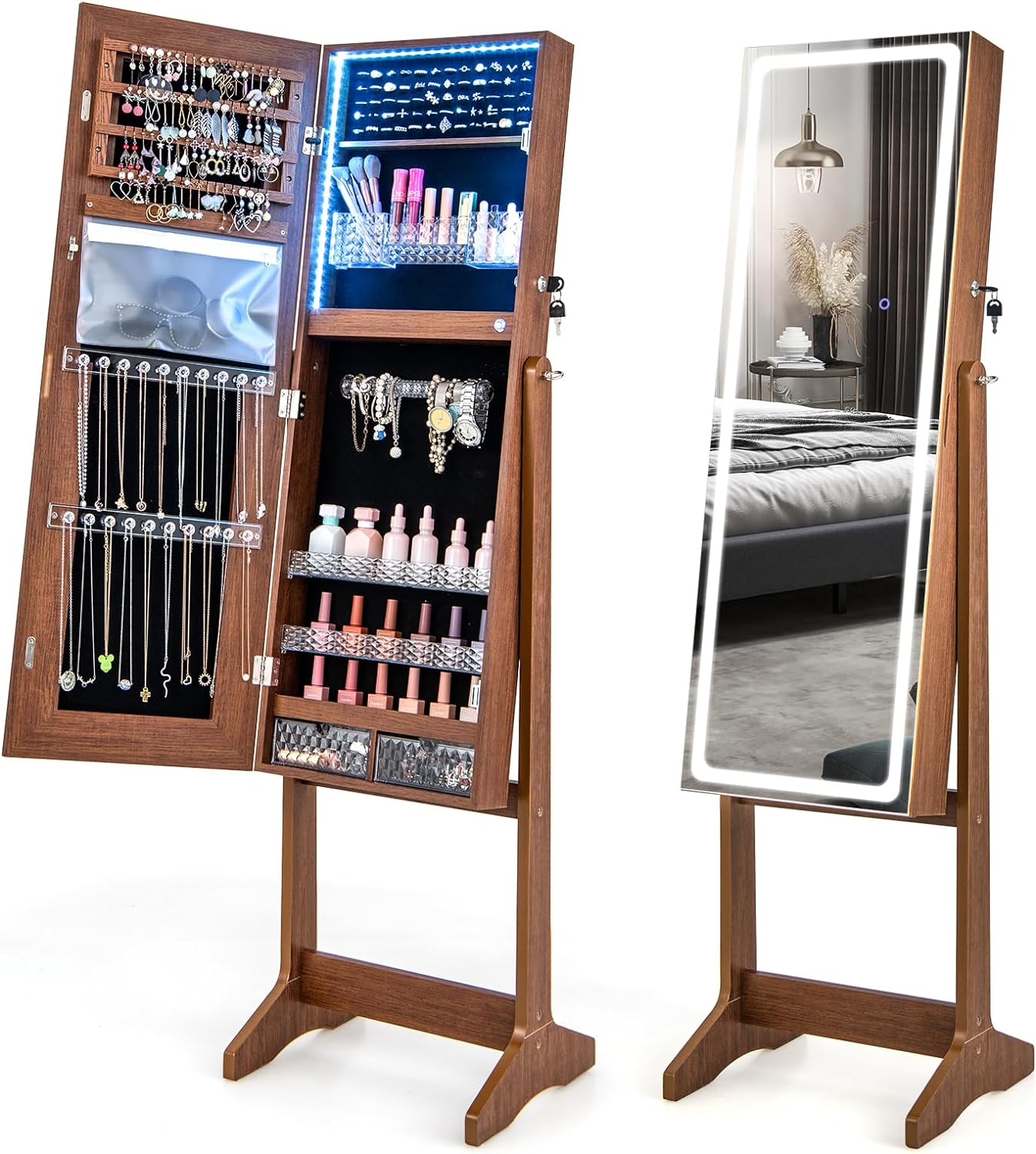 LOKO Standing Jewelry Cabinet with LED Lights, Lockable Jewelry Armoire with Full-Length Mirror, Lipstick Box & 2 Drawers, Large Storage Jewelry Organizer with 3 Adjustable Angles (walnut)