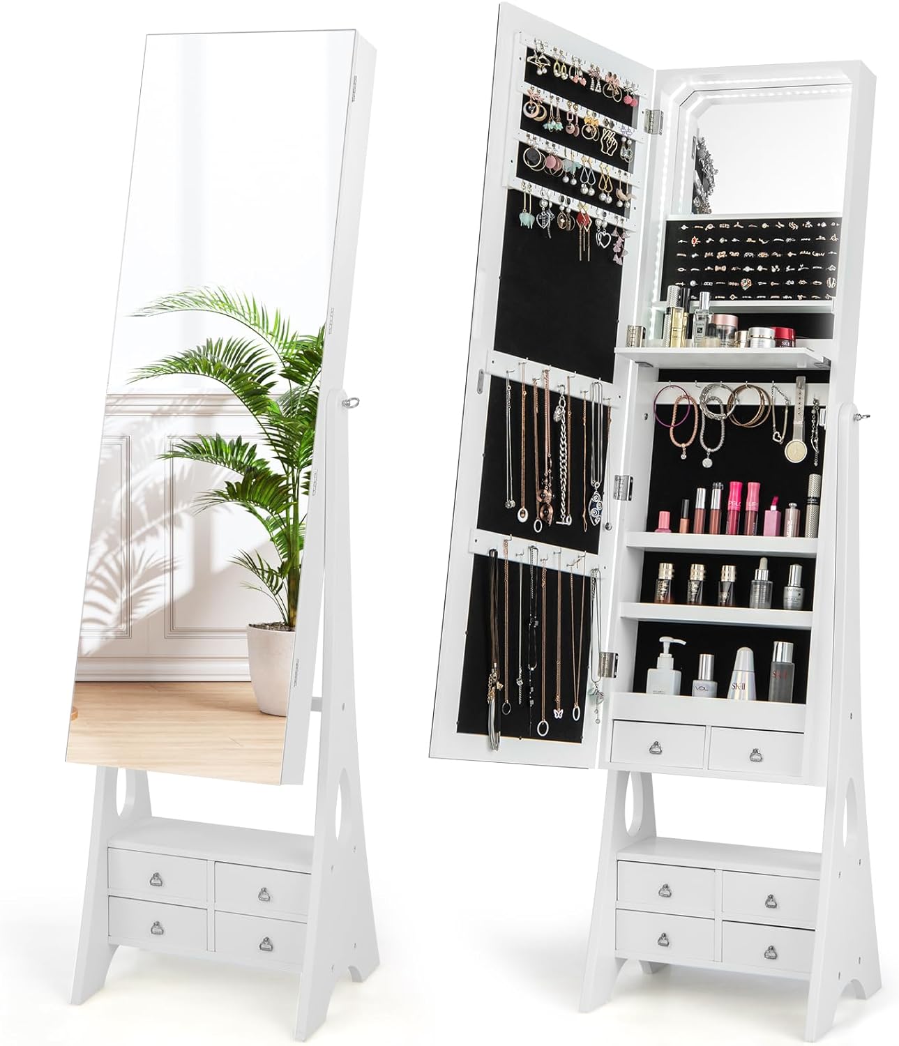 LOKO Freestanding Jewelry Cabinet with LED Light Strip, Lockable Jewelry Armoire w/ 3 Adjustable Angle, Foldable Organizer Storage w/High Full Length Mirror for cloakroom bedroom living room (White)