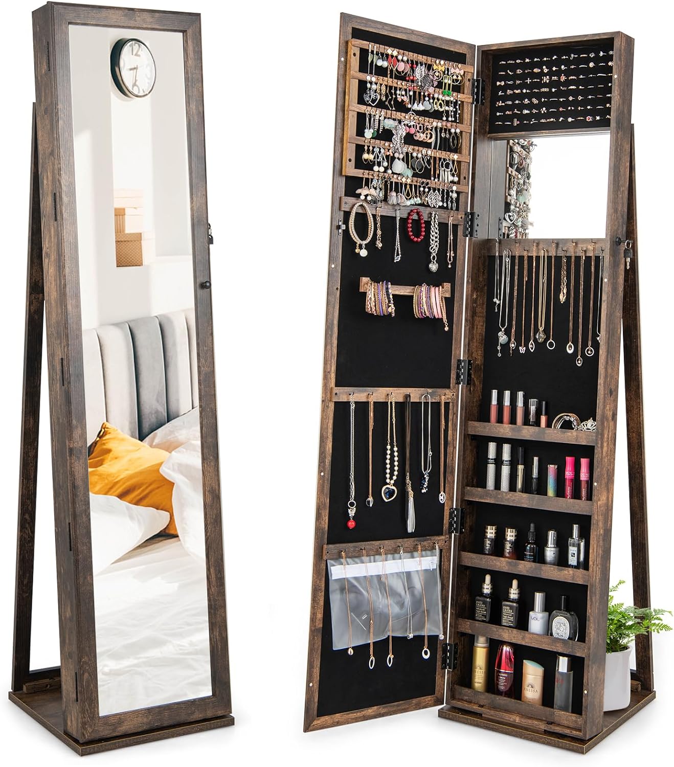 LOKO Lockable Jewelry Cabinet, Large Capacity Makeup Organizer with Full-Length Mirror, Built-in Makeup Mirror, 5 Storage Shelves, Floor Standing Jewelry Armoire for Living Room, Bedroom (Brown)