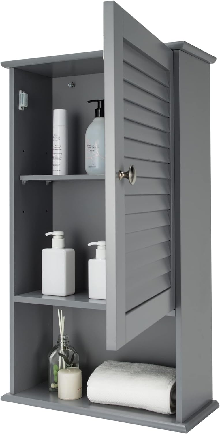 LOKO Bathroom Wall Cabinet, Bathroom Cabinet Wall Mounted with Single Shutter Door and Adjustable Shelf, Small Medicine Cabinet for Living Room, Kitchen or Entryway, 16.5 x 6.5 x 27.5 inches (Grey)