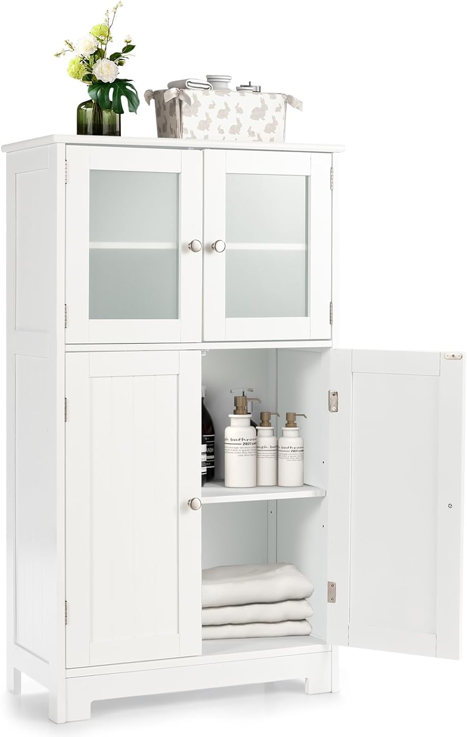 LOKO Bathroom Floor Cabinet, Storage Cabinet with Glass Doors, Wooden Kitchen Cupboard w/Adjustable Shelf, Versatile Floor Storage Cabinet for Bathroom, Living Room & Kitchen (White)