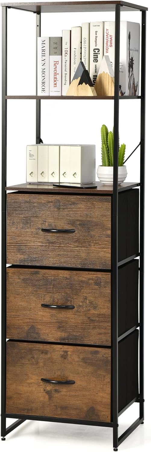 LOKO Tall Floor Storage Cabinet, Industrial Skinny Floor Cabinet with 3 Fabric Drawers, Rustic Tall Narrow Storage Cabinet with Adjustable Footpads, 17 x 15 x 61.5 inches