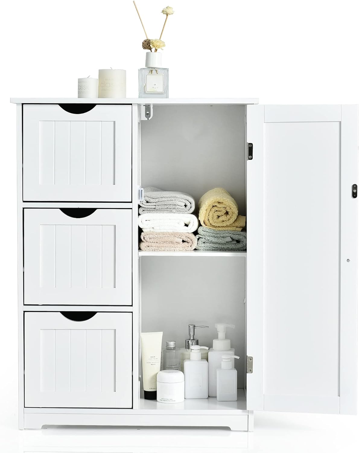 LOKO Bathroom Floor Cabinet, Storage Cabinet with Adjustable Shelf and Three Drawers for Bathroom, Living Room, Kitchen, Dining Room or Entryway, 24 x 12 x 32 inches (White)