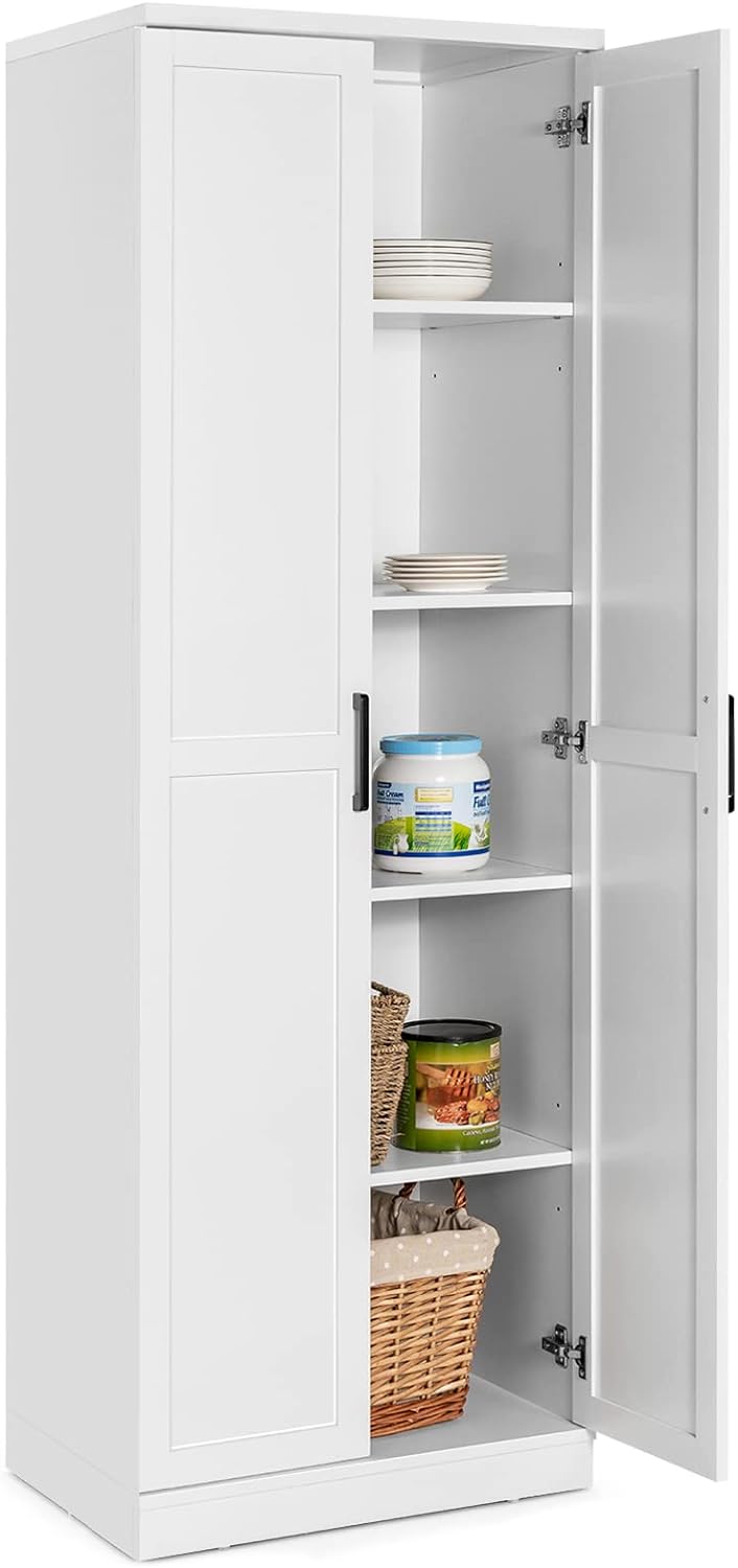 LOKO 70 Tall White Pantry Cabinet, Kitchen Cupboard with 2 Doors & Adjustable Shelves, Modern Tall Storage Cabinet with Anti-toppling Device for Kitchen, Living Room or Laundry