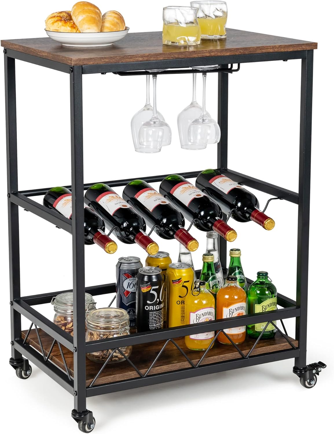 LOKO Bar Cart, Industrial Style Kitchen Rolling Cart with Universal Rubber Wheels, Coffee Cart on Wheels for Home Kitchen and Dining Room, 23.5 x 16 x 33 inches