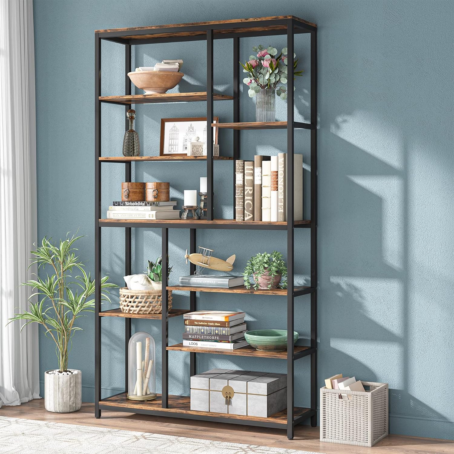 Tribesigns 79 inches Tall Bookshelf Bookcase, 8-Tier Staggered Bookcase, Modern Freestanding Open Book Shelves, Wide Wood Etagere Shelving Unit Display Shelf for Living Room (Black&Rustic)