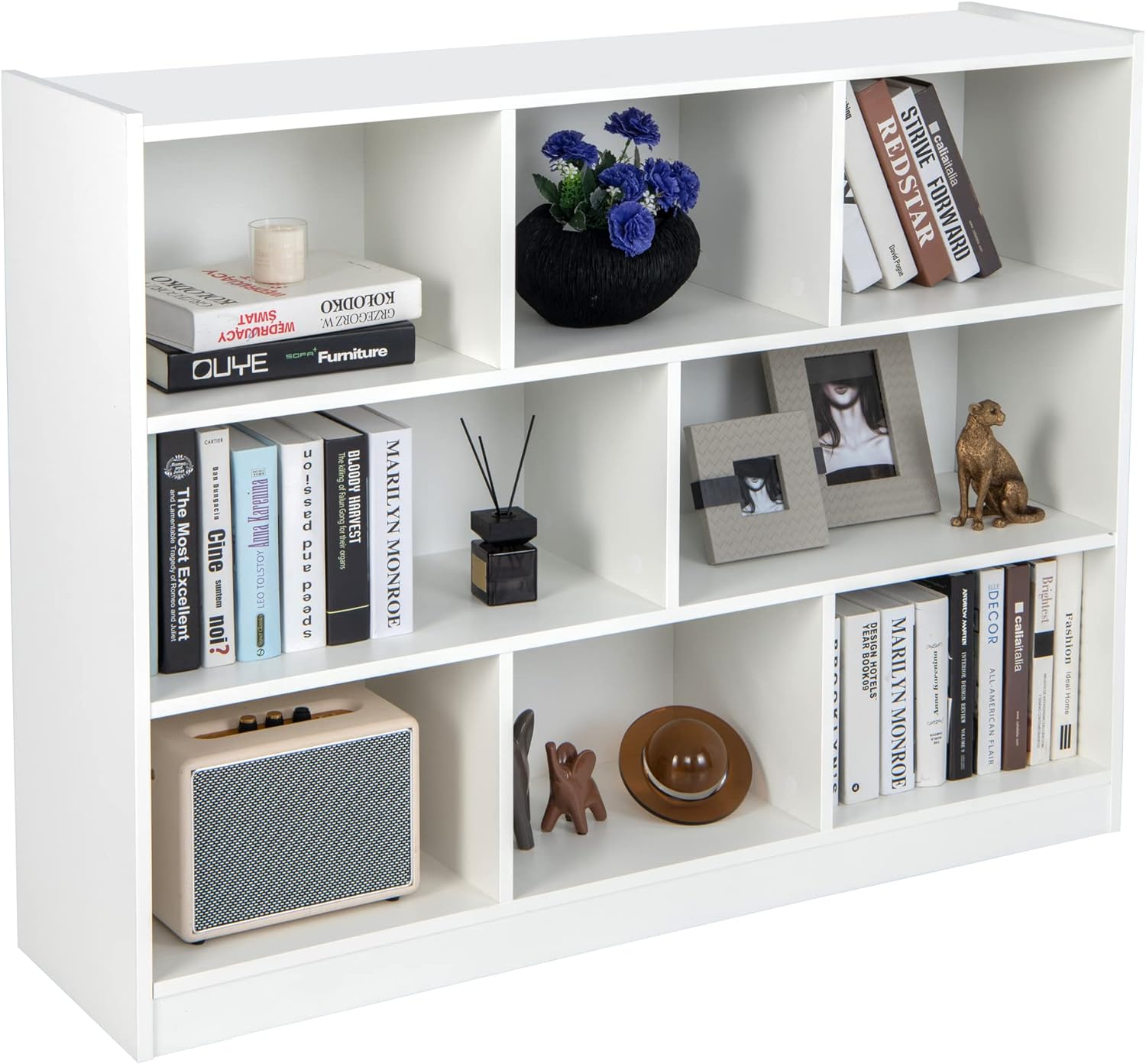 LOKO 3-Tier Open Shelf Bookcase, Floor Standing White Wood Bookshelf for Bedroom, Living Room & Kids Room, 8 Cube Bookcase, 48 x 12.5 x 36.5, White