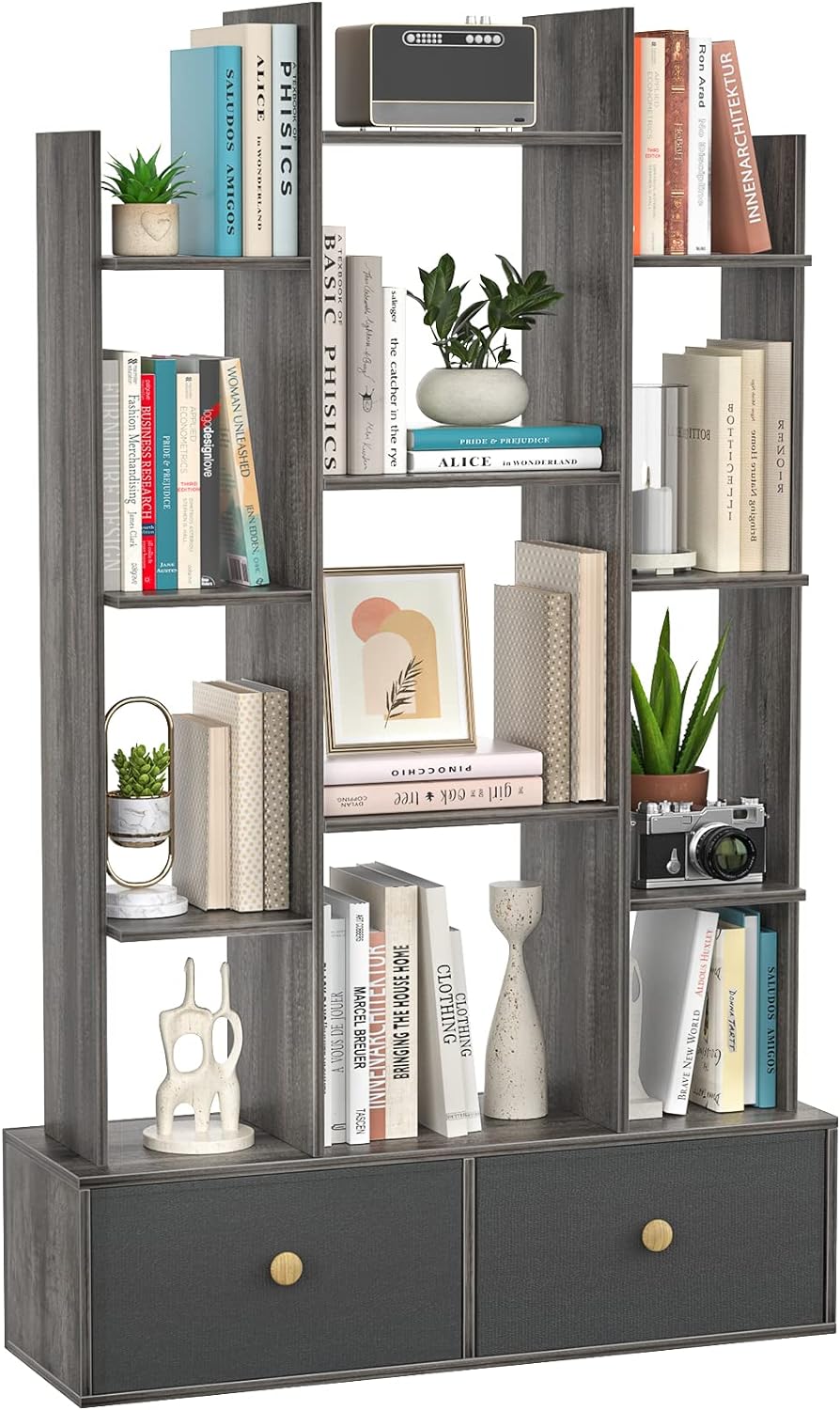 Unikito Book Shelf with 2 Drawers Free Standing Bookcase, Office Storage Shelf Organizer with 12 Open Bookshelf, Industrial Wood Book Case Display Rack for Bedroom, Living Room Home Office, Gray Oak