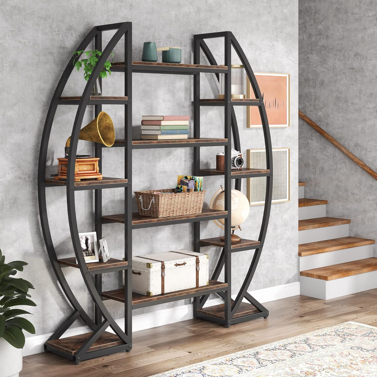 Tribesigns Oval Bookshelf, Triple Wide 5 Tier Etagere Bookcase, Industrial Display Shelves for Living Room (Brown, 55)