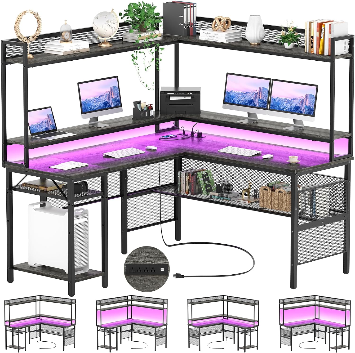 Unikito L Shaped Desk with Power Outlet, Reversible L-Shaped Corner Computer Desk with Storage Shelves & Monitor Stand, Gaming Desk with Led Light, Industrial 2 Person Home Office Work Desk, Black Oak