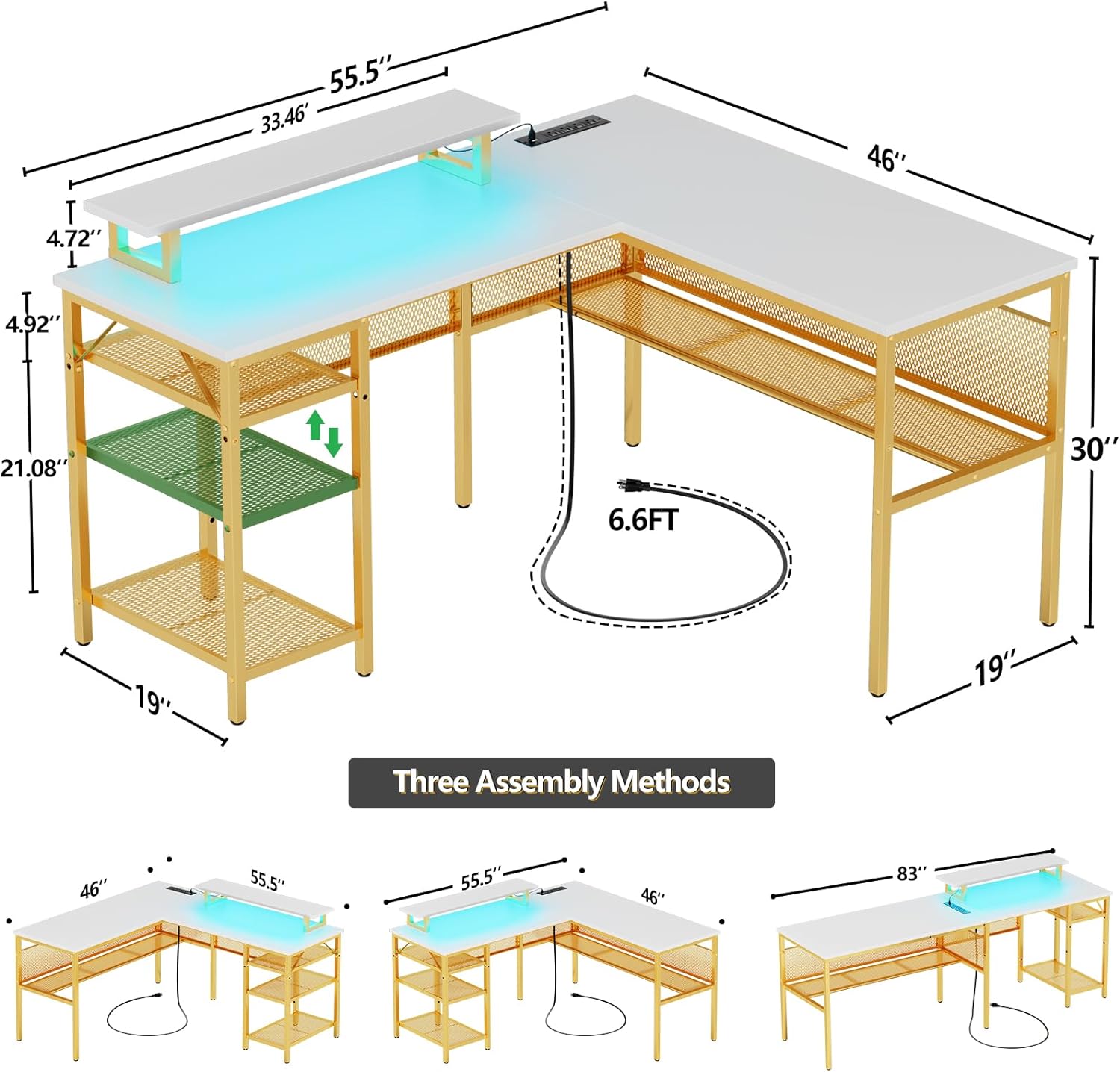 Unikito Reversible L Shaped Desk with Power Outlets and Smart LED Light, 55 Inch Computer Office Desk, Unique Grid Design, Corner Writing Gaming Table with Monitor Stand and Storage Shelf, White