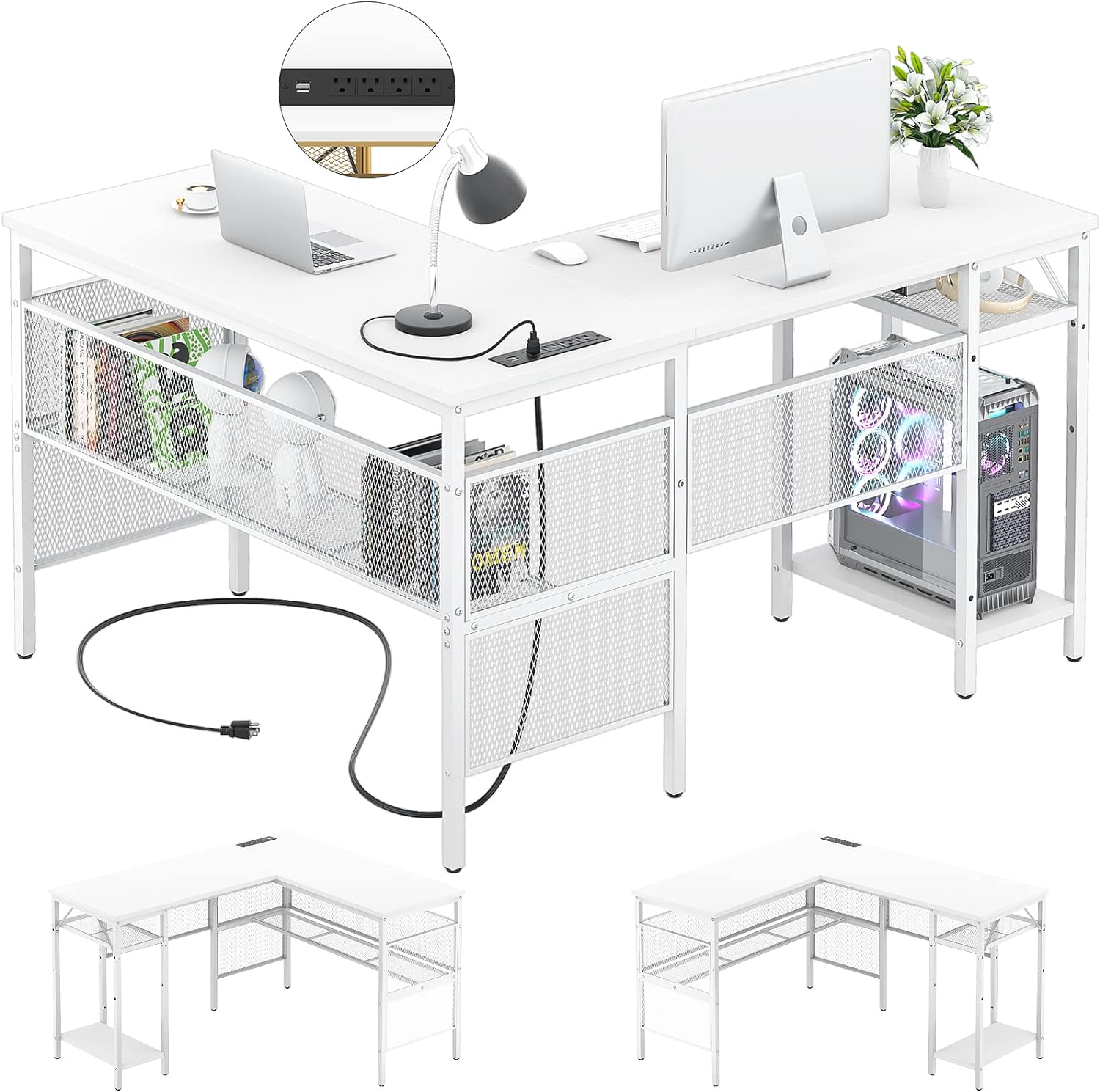 Unikito Magic Portable 4 Outlets L Shaped Desk, Reversible 55 Inch L-Shaped Computer Desk with Storage Shelf and USB Charging Port, Unique Grid Design, Large Gaming Corner Table for Home Office, White