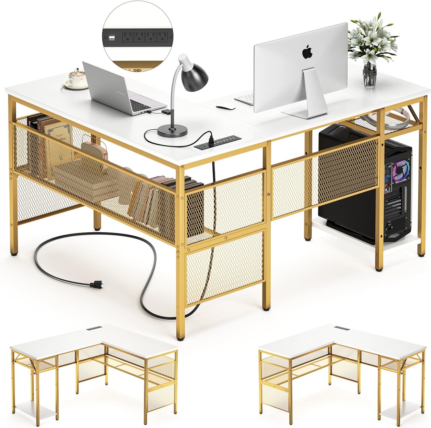 Unikito L Shaped Desk with Power Outlets and USB Charging Ports, Reversible L-Shaped Corner Desks with Storage Shelves, Unique Grid Design, 2 Person Gaming Computer Table for Home Office, White