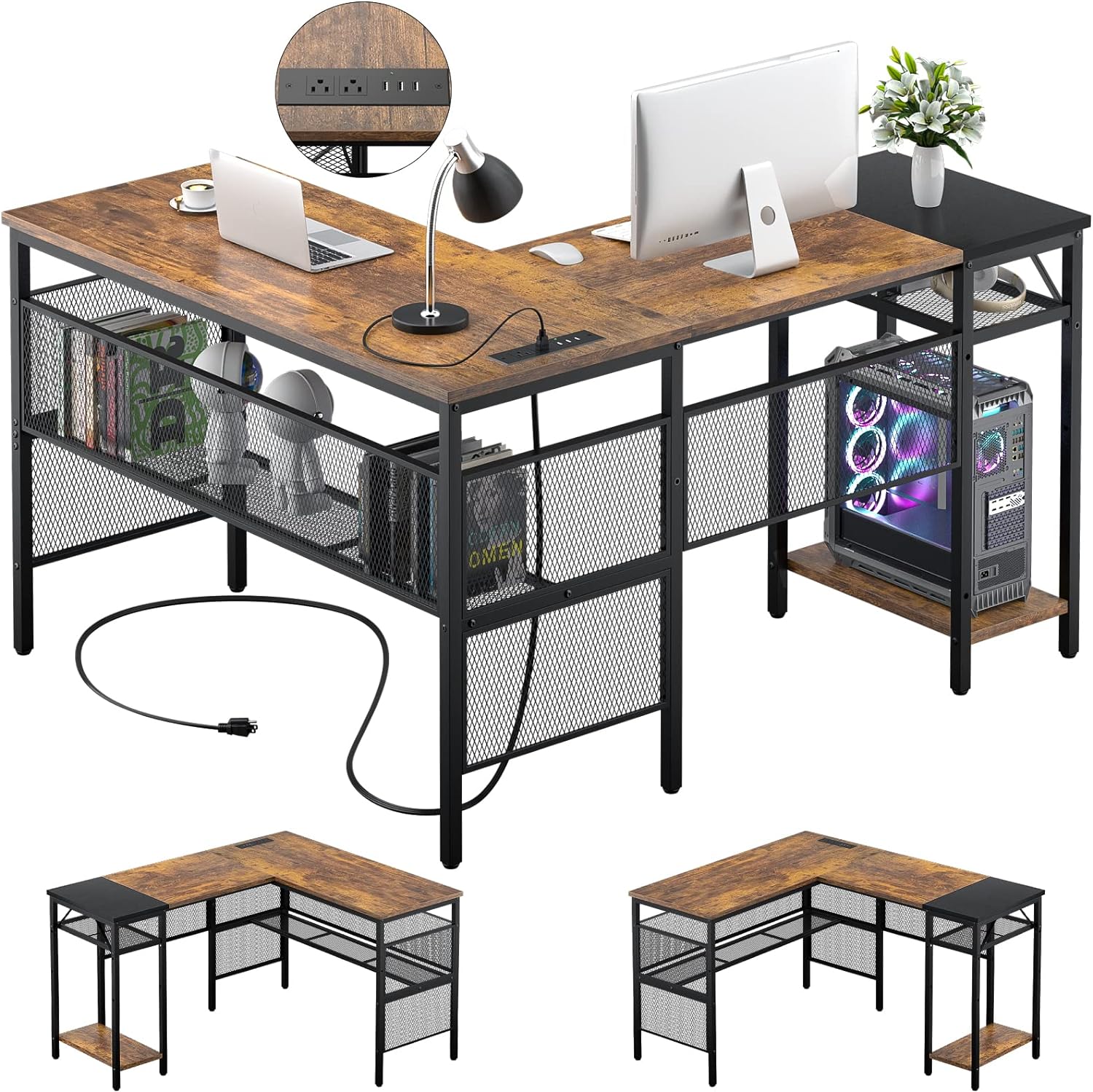 Unikito L Shaped Computer Desk with with Storage Shelves, USB Charging Port and Power Outlet, Reversible,Modern , 2 Person Gaming Corner Table for Home Office, Rustic and Black