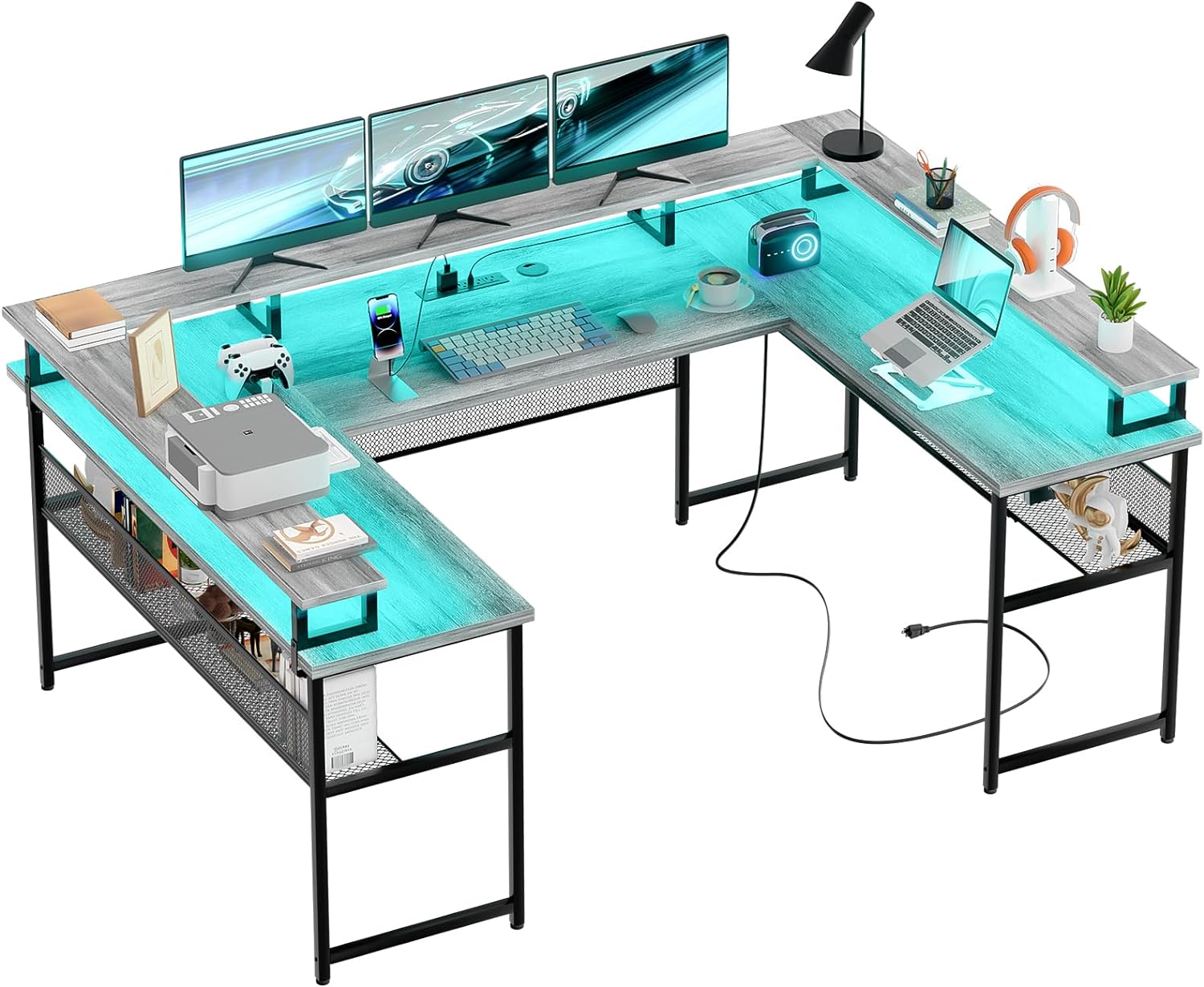 Unikito U Shaped Desk, Reversible L Shaped Computer Desk with Monitor Stand and LED Strip, Large Corner Office Desk with Power Outlets and Storage Shelves, 83 Inch U- Shaped Gaming Desk, White Oak