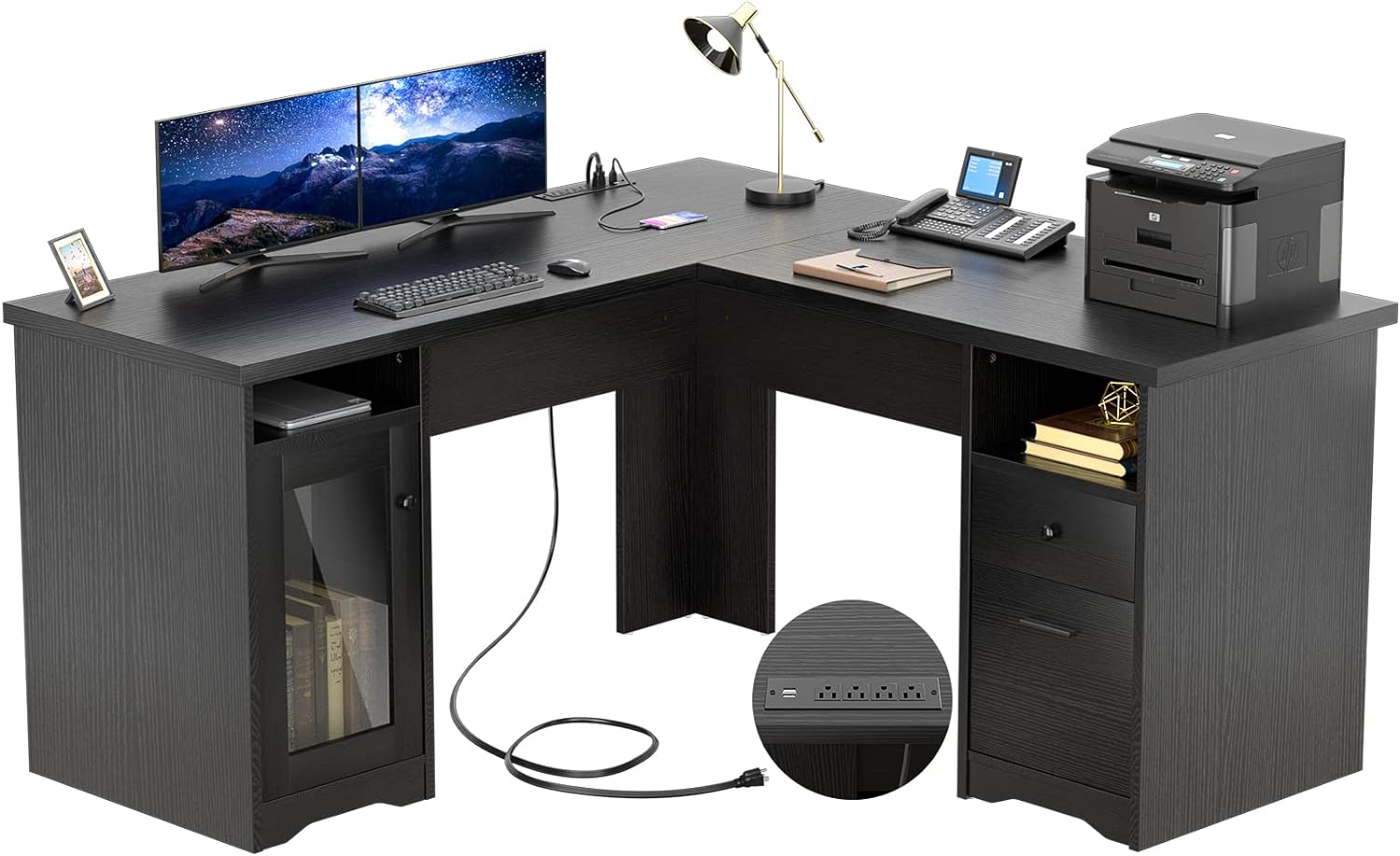 Unikito L Shaped Desk with Drawers, 60 Inch Corner Computer Table with Power Outlet & USB Charging Port, Large Office Desk with File Cabinets, 2 Person Executive Desk with Storage Cabinet, Black