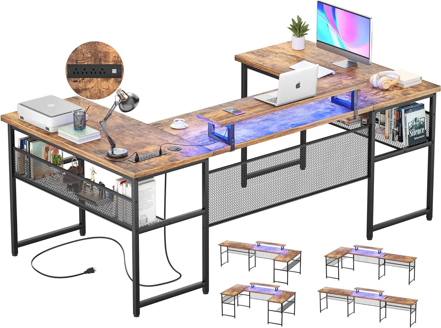 Unikito U Shaped Office Desk with Power Outlet and LED Strip, Reversible L Shaped Computer Desk with Monitor Stand & Storage Shelves, U- Shape Gaming Table, 83 Inch 2 Person Corner Desk, Rustic Brown