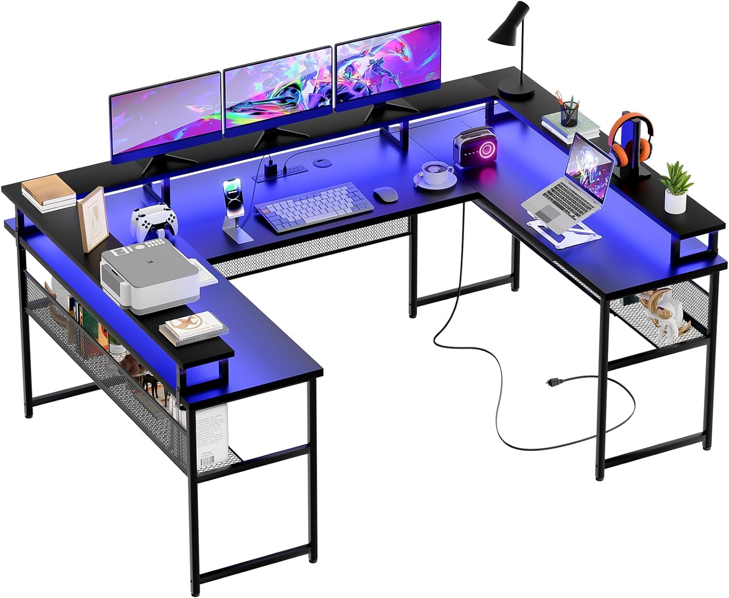 Unikito U Shaped Computer Desks, Reversible Office Desk with LED Strip and Power Outlets, L Shaped Table with Full Monitor Stand and Storage Shelves, 83 Inch Large U- Shape Gaming Desk, Black