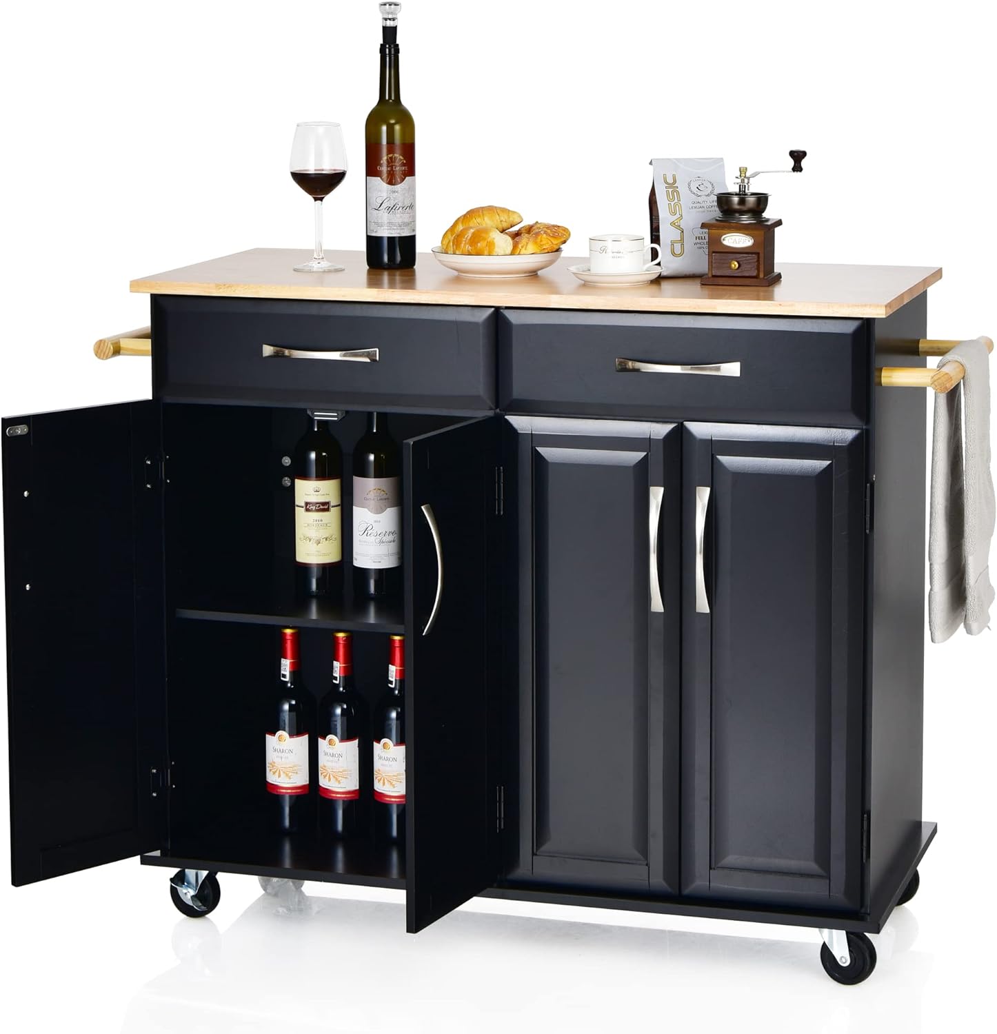 LOKO Kitchen Island with Storage, Rolling Kitchen Cart with Lockable Wheels, Portable Kitchen Cabinet with Rubber Wood Tabletop, 48 x 19 x 36.5 inches (Black Kitchen Island)