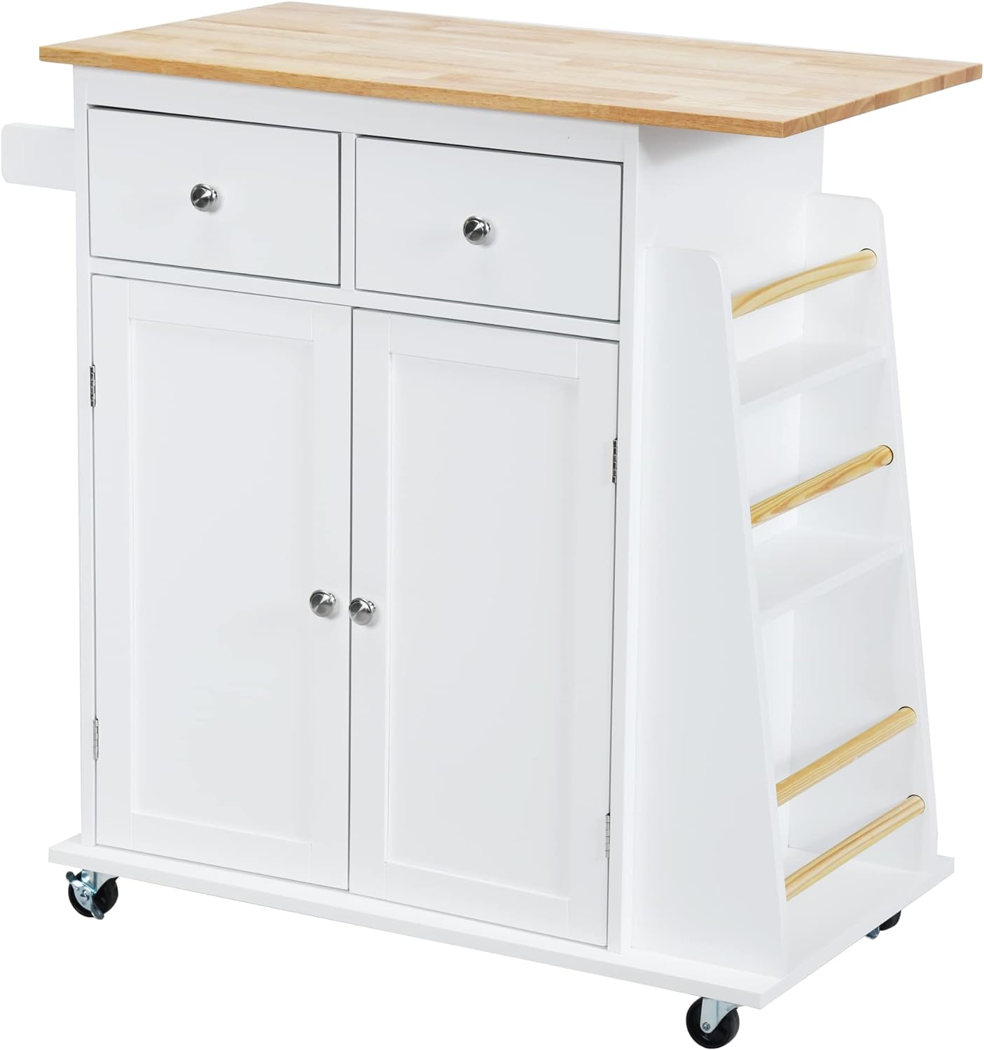 LOKO Kitchen Island, Rolling Kitchen Storage Cart with 3-Tier Spice Rack and Towel Rack, Microwave Cart with Wheels and Rubber Wood Tabletop, 34.5 x 18 x 35.5 inches (White Kitchen Island)