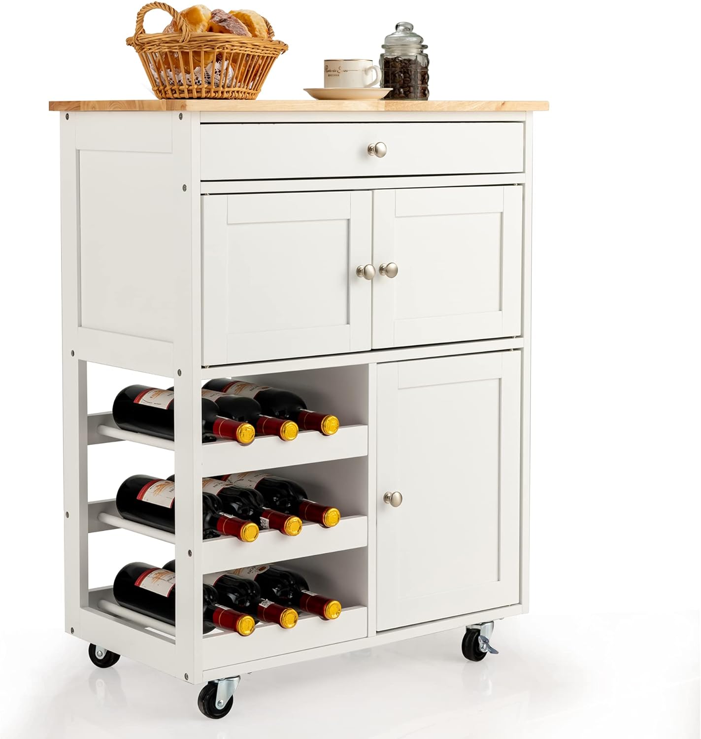 LOKO Kitchen Island Cart on Wheels, Rolling Kitchen Cart with 1 Drawer, 1 Wine Rack & 2 Storage Cabinets, Ideal for Kitchen, Dining Room, Living Room and Restaurant, 26.5 x 14.5 x 34 inches (White)