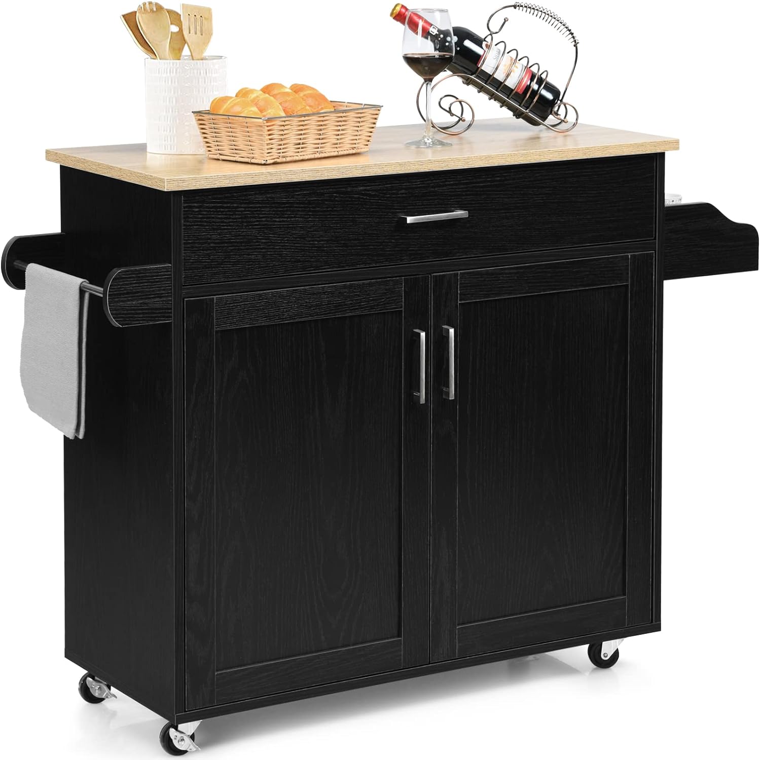 LOKO Kitchen Island Cart with Wheels, Rolling Kitchen Storage Cabinet with Drawer, Towel Rack, Spice Rack and Adjustable Shelf, Kitchen Cart for Kitchen and Dining Room, 45.5 x 16 x 33.5 inches