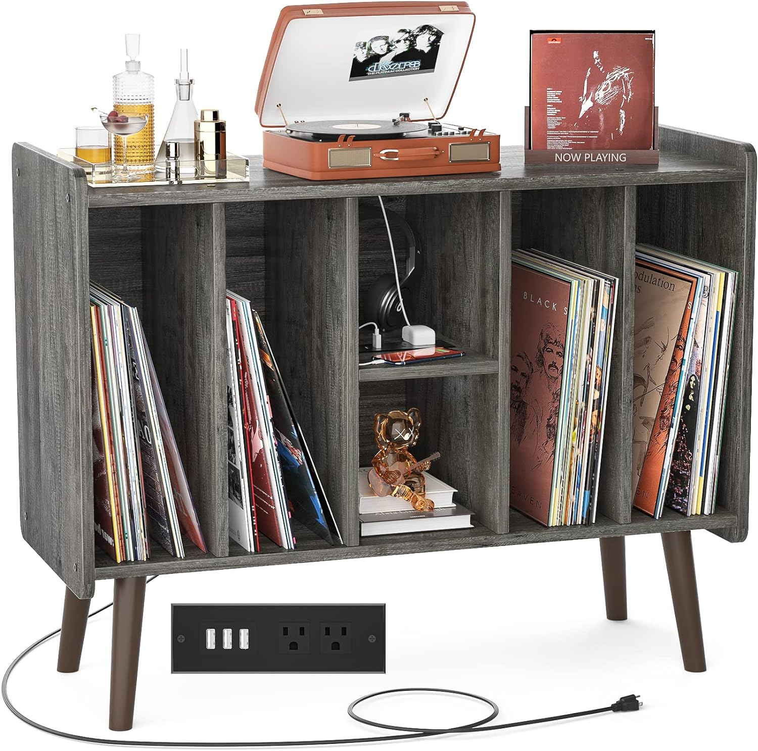 Unikito Large Record Player Stand, Vinyl Record Storage Table with Power Outlet Holds Up to 200 Albums, Turntable Stand Table with Wood Legs, Vinyl Holder Display Shelf for Bedroom Living Room, Gray