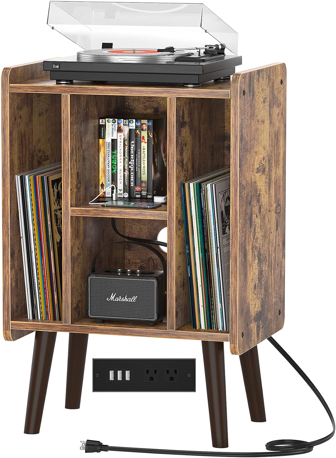 Unikito Record Player Stand, Vinyl Turntable Stand with Power Outlet and USB Charging Port, Record Display Table with Storage, Audio Rack, Turntable Nightstand for Bedroom, Living Room, Rustic Brown