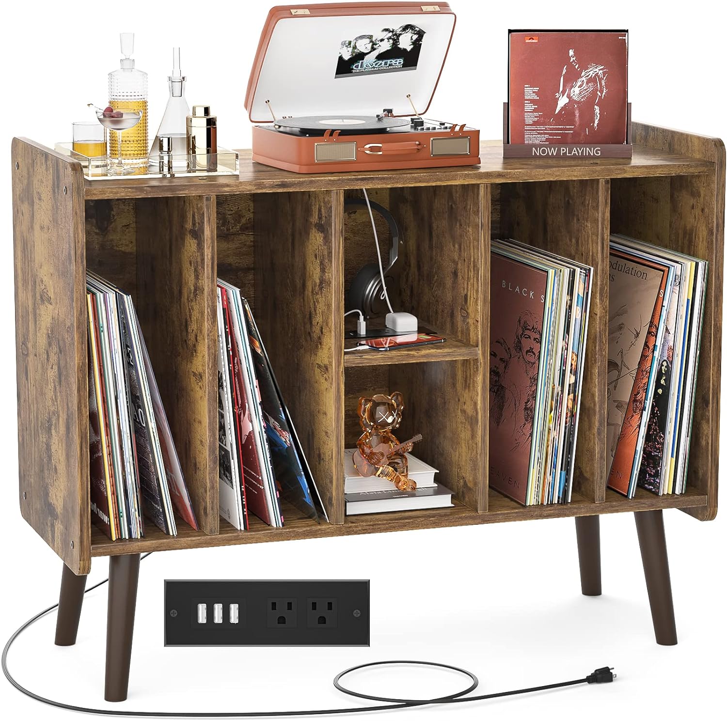 Unikito Large Record Player Stand, Vinyl Record Storage Table with Power Outlet Holds Up to 200 Albums, Turntable Stand with Wood Legs, Vinyl Holder Display Shelf for Bedroom Living Room, Rustic Brown