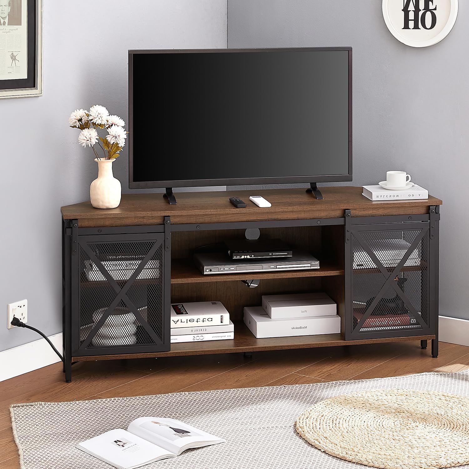 HOMISSUE Corner TV Stand, Corner TV Stand for 55 60 Inch TV, Industrial & Farmhouse Corner Entertainment Center w/Sliding Barn Door and Power Outlet, Corner TV Cabinet for Living Room, Brown