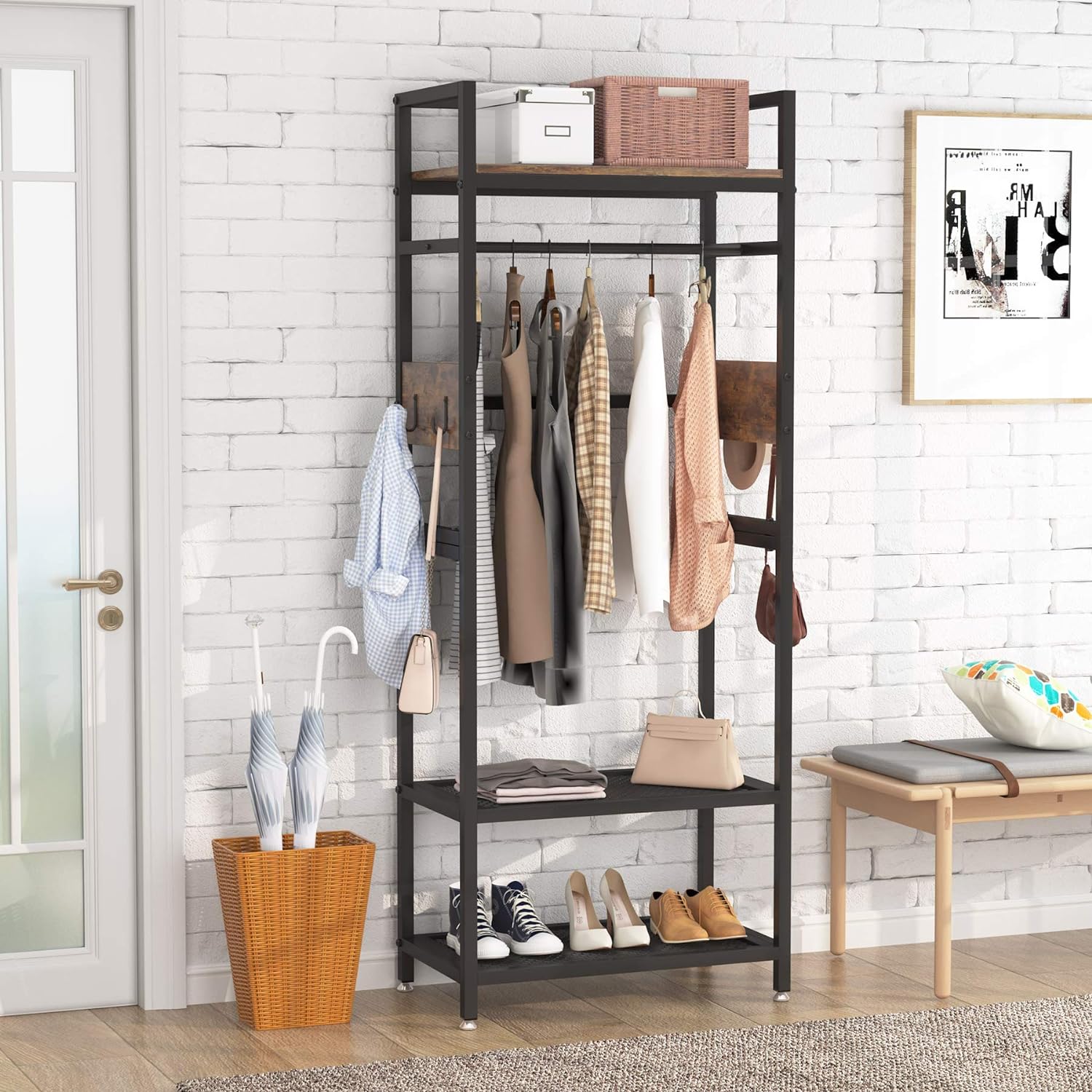 Tribesigns Small Heavy Duty Clothes Rack with Shelf and Hanging Rod, Freestanding Closet Organizer, Industrial Hall Tree Garments Rack for Small Space,Bedroom,27'' W X69'' H, Max Load 300LBS