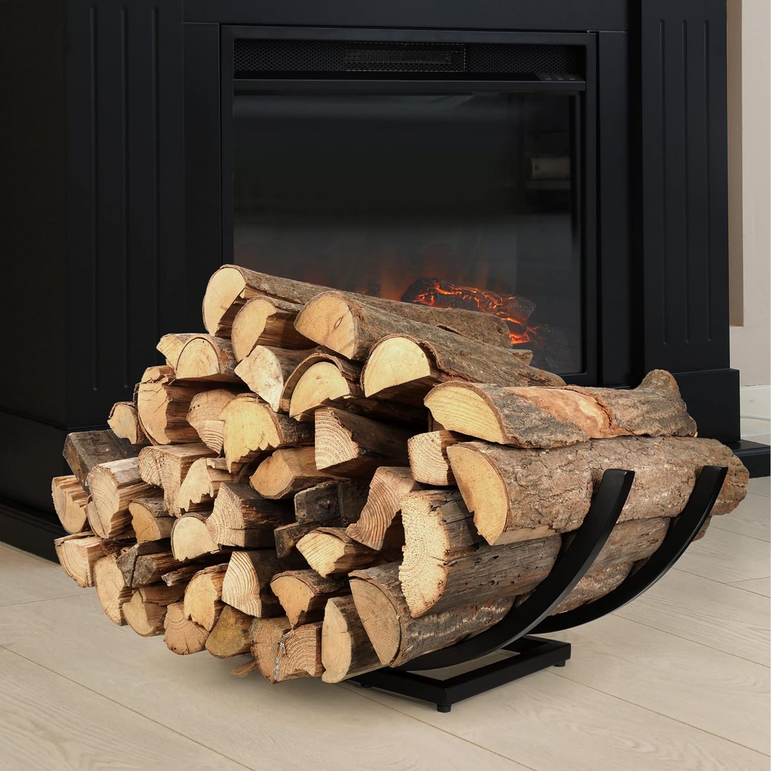 Curved Firewood Rack Holder: Heavy Duty Firewood Holder Indoor Outdoor for Firewood Storage - Fireplace Wood Rack Log Holder Black 30-Inch