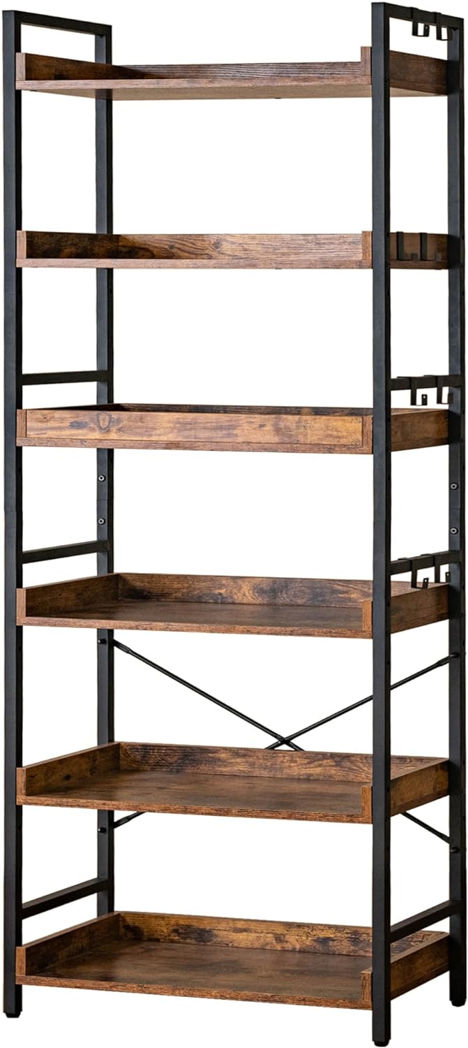 HCHQHS Adjustable 6 Tier Open Bookcase, Rustic Farmhouse Book Shelves, Industrial Wood and Black Metal Bookshelves, Mid Century Bookcase for Home Office Living Room Bedroom