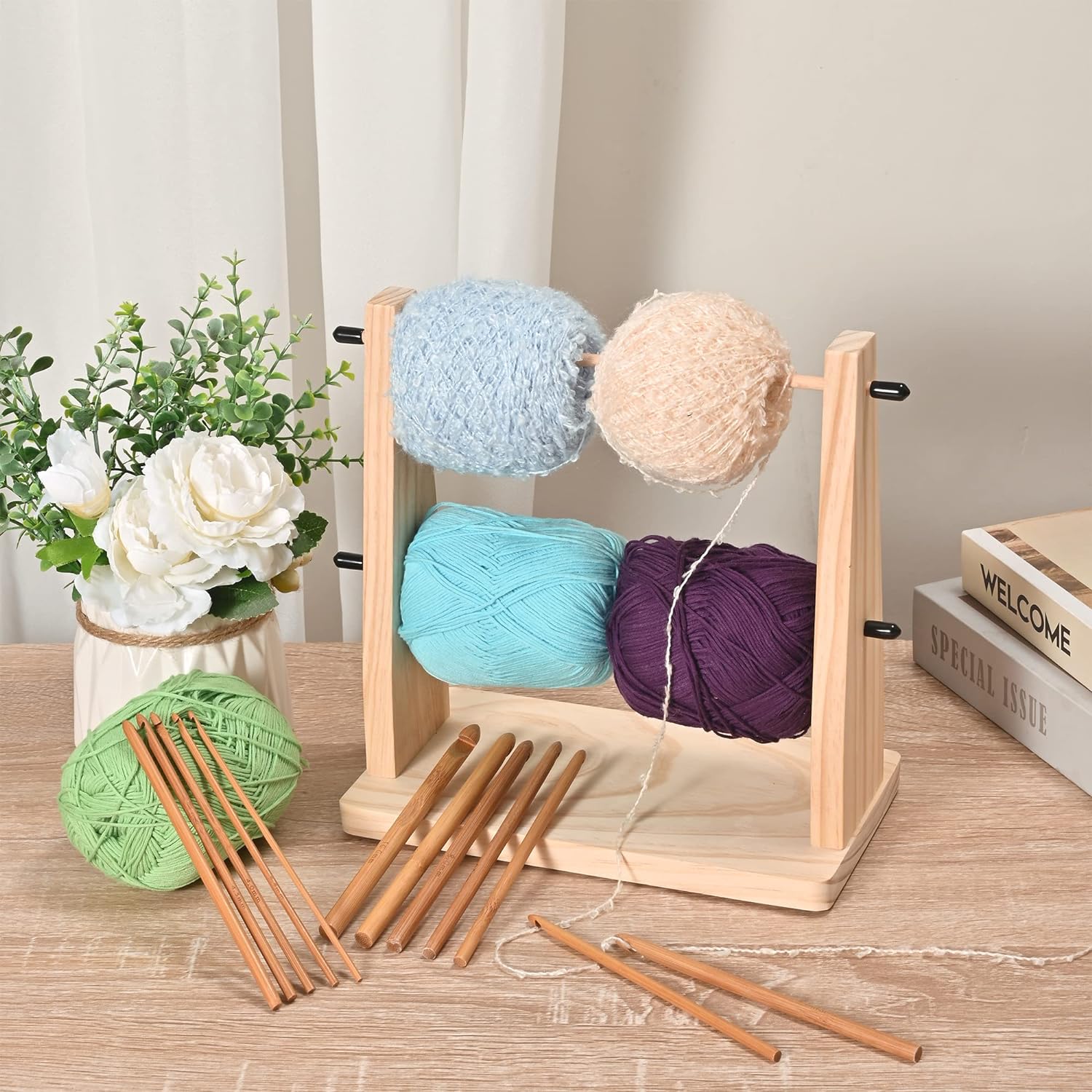 Wooden Crochet Yarn Holder, Double Revolving Yarn Storage for Crochet Yarn Ball Knitting & Crochet Supplies, Horizontal Wood Yarn Ball Holder with 12 Bamboo Crochet Hooks