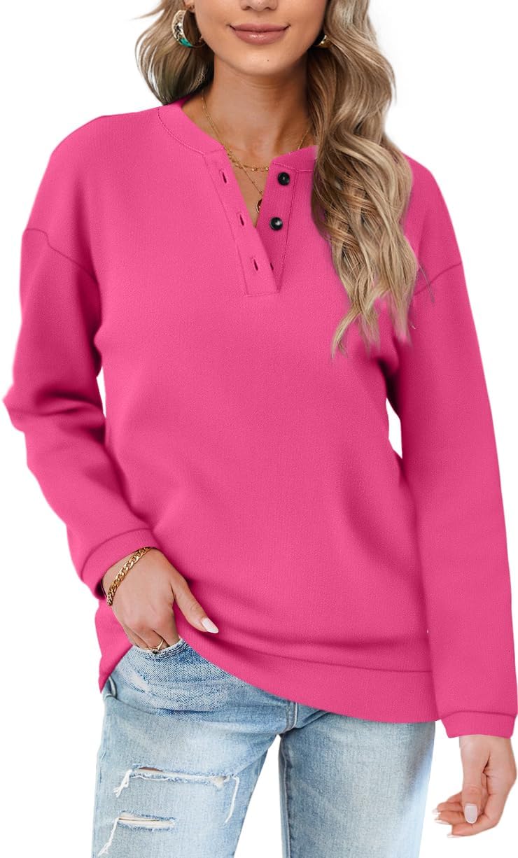 OFEEFAN Womens Casual Sweatshirts Henley Button Up Long Sleeve Tunic Tops