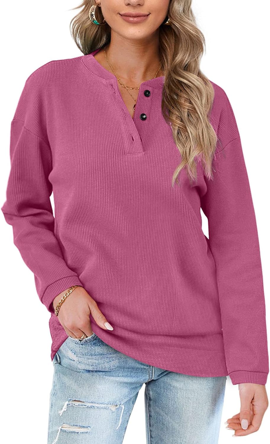 OFEEFAN Womens Casual Sweatshirts Henley Button Up Long Sleeve Tunic Tops