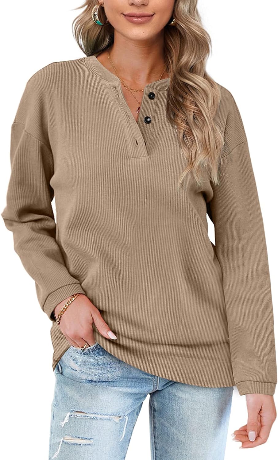 OFEEFAN Womens Casual Sweatshirts Henley Button Up Long Sleeve Tunic Tops