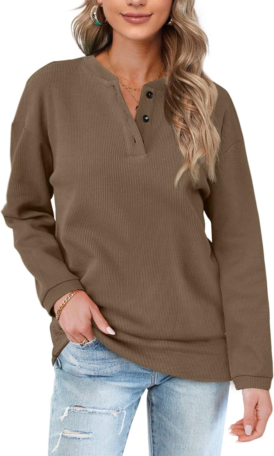 OFEEFAN Womens Casual Sweatshirts Henley Button Up Long Sleeve Tunic Tops