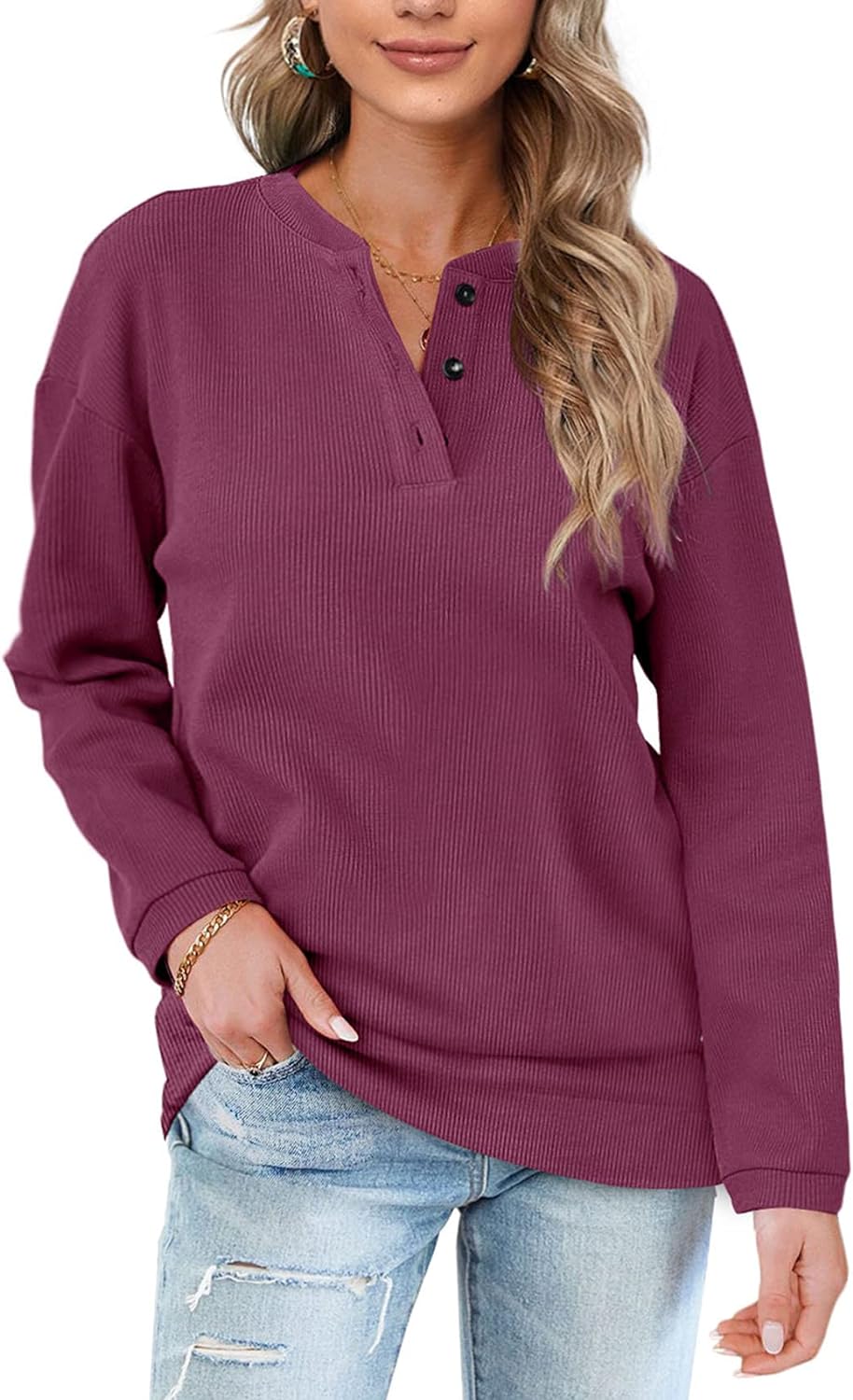 OFEEFAN Womens Casual Sweatshirts Henley Button Up Long Sleeve Tunic Tops